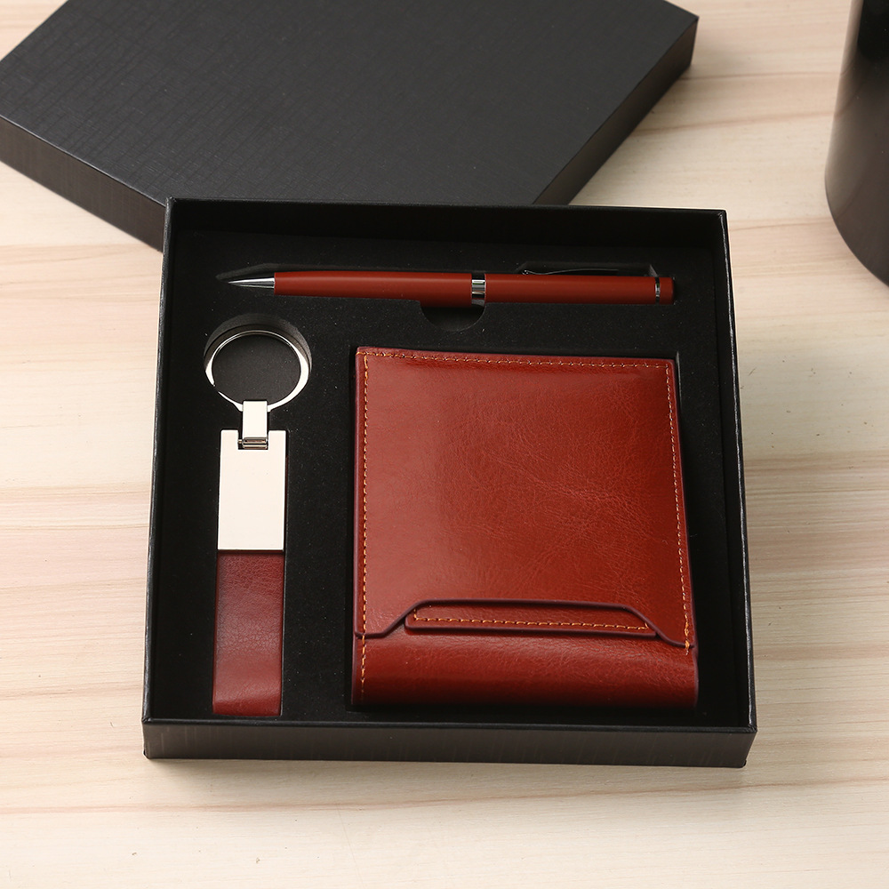 affordable custom business gifts in bulk – leather wallet & pens &keychain